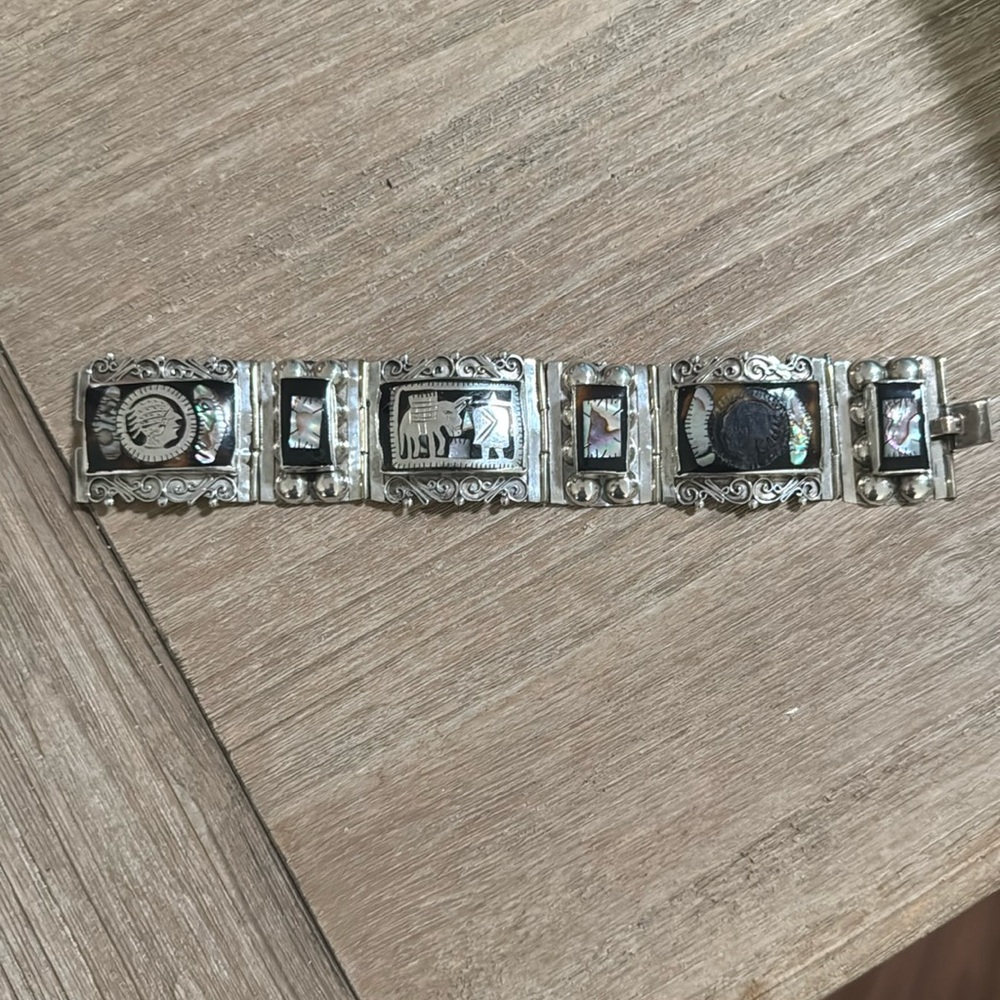 Vintage TNC Mexico brand 1930’s Large Sterling Silver 925 Inlay Panel Bracelet